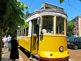 Yellow tram waiting for passengers, Lisbon, Portugal