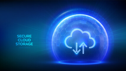 Secure Cloud Storage. Cloud icon inside transparent protection sphere shield with hexagon pattern on blue background. Cloud computing. Database storage, Data center protection. Vector illustration.