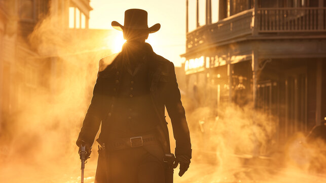 A legendary cowboy, like Wyatt Earp or Billy the Kid, in a dramatic shootout scene on a dusty main street 