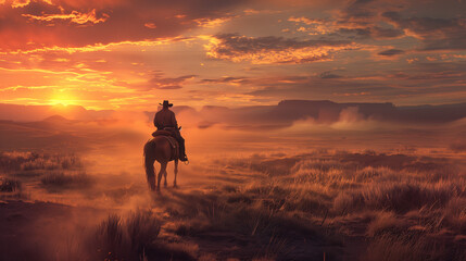 A rugged cowboy riding a wild mustang across a vast, open prairie at sunset