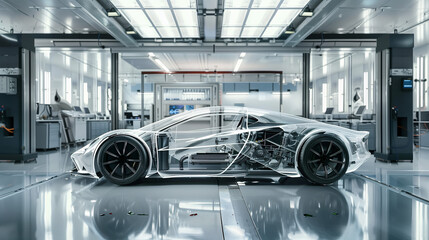 Obraz premium A supercar with transparent body panels, showcasing its inner workings, parked in a sleek, high-tech lab