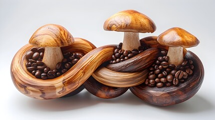 Intertwined Coffee Beans and Mushrooms Artisanal Superfood Composition Dramatic Lighting Portrayal