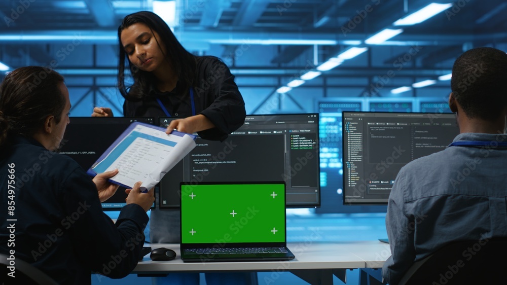 Poster green screen laptop in data center in front of manager and it support specialists working together, 