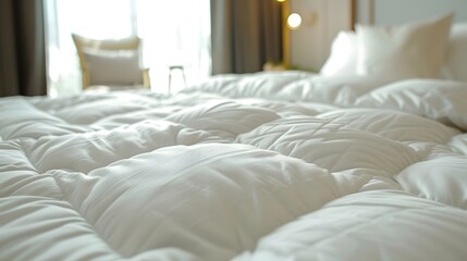 White duvet on bed in bedroom, closeup. Soft and comfortable texture of fluffy white quilt with empty space. Close up view of hotel room interior design in the style of macro shot.