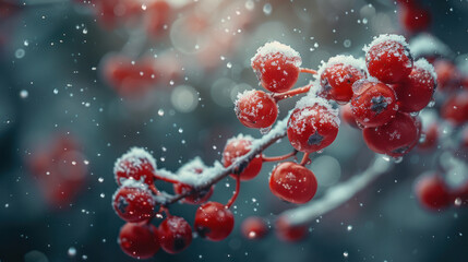 Red berries covered in a light layer of snow during a winter day
