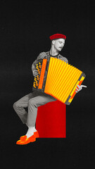 Contemporary art collage. Young man, dressed retro attire with vivid elements playing accordion....