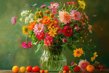 A colorful bouquet of summer flowers arranged in a glass vase with bees flying around. The flowers are pink, red, orange, yellow, and white. There is fruit on the table