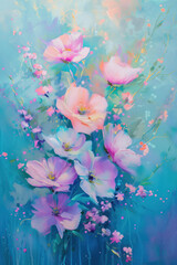 A vibrant, abstract oil painting featuring pink flowers on a turquoise blue background
