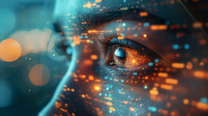Fototapeta premium Closeup of a Woman's Face with Glowing Digital Data Particles Symbolizing AI Integration in Human Life Against a Blurred Night Cityscape