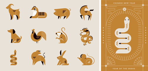 Golden Chinese horoscope zodiac collection, geometric minimalist style. Animals symbols of Chinese New year . Set of mascots: rabbit, dragon, snake, tiger, ox, rat, pig, dog, rooster, monkey, goat