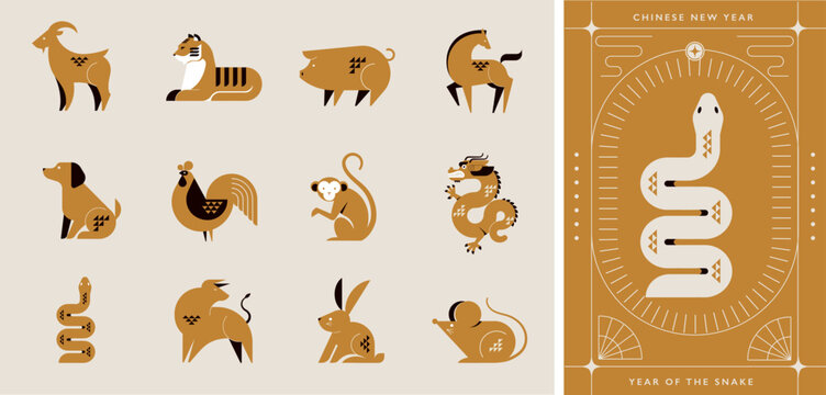 Golden Chinese horoscope zodiac collection, geometric minimalist style. Animals symbols of Chinese New year . Set of mascots: rabbit, dragon, snake, tiger, ox, rat, pig, dog, rooster, monkey, goat