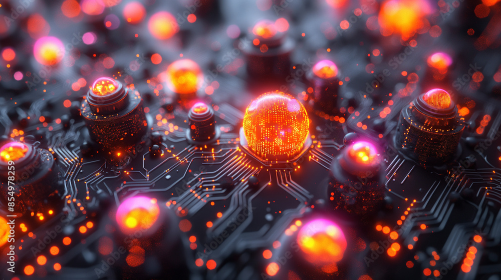Poster a 3d computer graphic showing various colored circuits, in the style of sublime typography, vibrant 