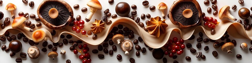 Fototapeta premium Intertwining Superfood Arrangement with Coffee Beans and Mushrooms on Bright White Backdrop