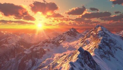 Majestic mountain range under a breathtakingly vibrant sunset on a beautifully sunny day