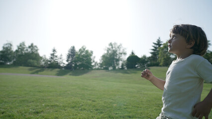 Little Boy Enjoying a Sunny Day at the Park, Gazing into the Distance
