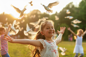 Group of happy people and pigeons. Peace Day