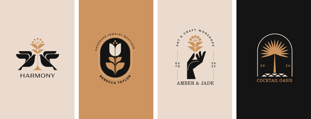 Minimalist modern logos collection. Geometrical retro concept design with flowers, hands, birds and aesthetic clean graphic symbols and icons © Marina Zlochin
