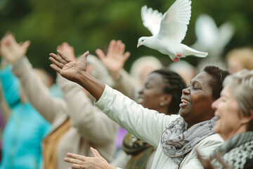 Group of happy people and pigeons. Peace Day