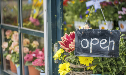 A chalkboard sign hanging in a flower shop window, with the word open written in white chalk