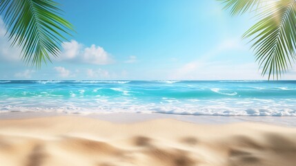 Tropical Beach with Palm Leaves and Clear Blue Sky. Sunny Seaside View with Waves and Sandy Shore
