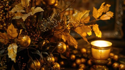 Fall arrangement featuring golden foliage and lit candle