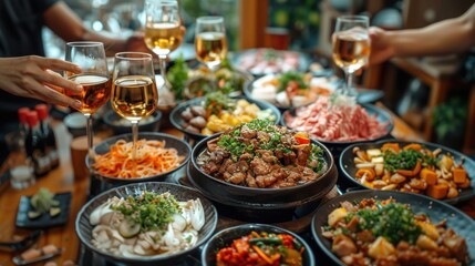 Obraz premium A table full of delicious Korean BBQ food, including bulgogi, samgyeopsal, and japchae. 