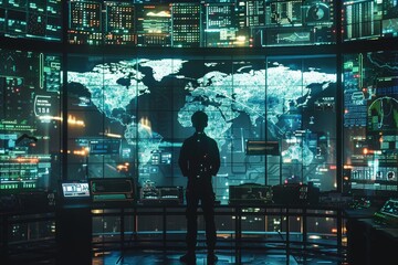 Cyberpunk man in control  digital world map, data screens, high tech security, wide angle lens scene