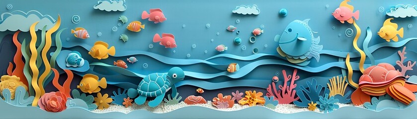Naklejka premium A vibrant underwater scene featuring paper art fish, a turtle, and coral in a colorful ocean setting.