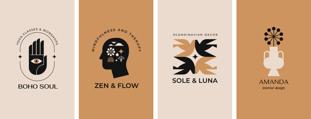 Minimalist modern logos collection. Geometrical retro concept design with flowers, hands, birds and aesthetic clean graphic symbols and icons © Marina Zlochin