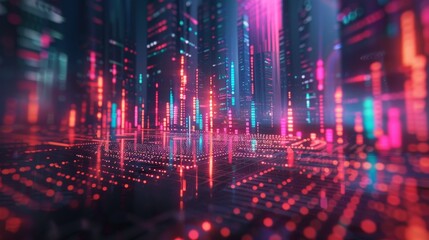 A vibrant, futuristic cityscape illuminated by neon lights, showcasing high-tech skyscrapers and a cyberpunk aesthetic.