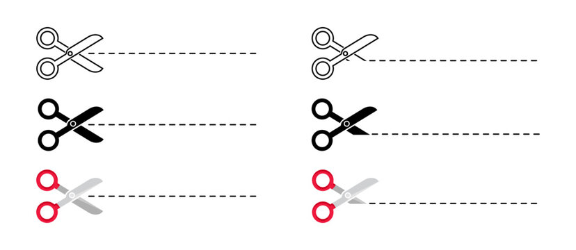 Open scissors line icon set. Red scissors symbol. Cut it sign. Cut line illustration.