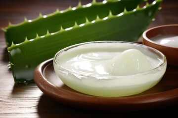A close-up image of a bowl of fresh aloe vera gel on a wooden table, with two aloe vera leaves in the background