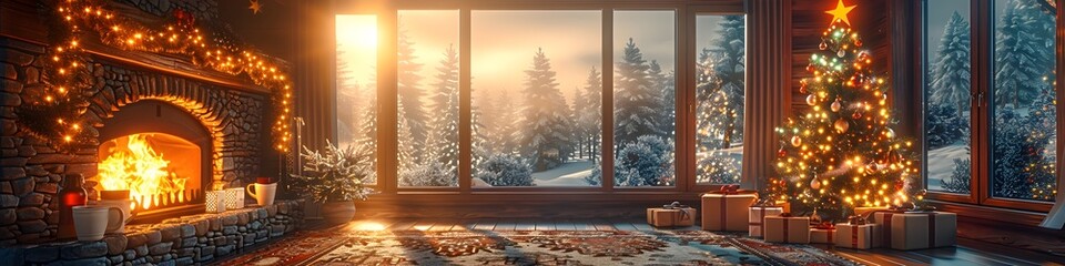 Fototapeta premium Cozy Holiday Cabin Interior with Roaring Fireplace Sparkling Christmas Tree and Mugs of Cocoa in a