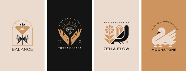 Minimalist modern logos collection. Geometrical retro concept design with flowers, hands, birds and aesthetic clean graphic symbols and icons