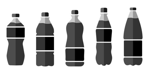 Plastic bottle icon set. Black water bottles type illustration. Bottled beverage symbol.