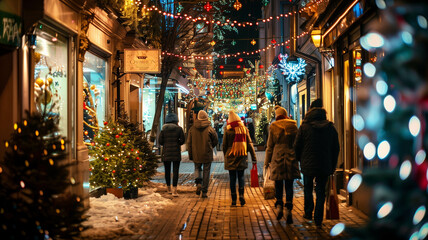 Shoppers walking down a festive street lined with shops and holiday lights, holiday illumination,