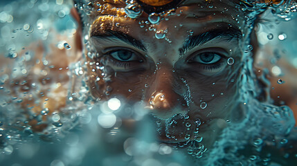 Close-Up of Swimmer's Face Underwater with Bubbles and Intense Focus in a Pool