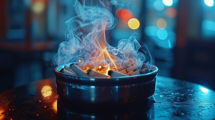 A shiny metallic ashtray on a wet, reflective surface, filled with cigarette butts, emitting smoke against a blurred, colorful background in a nighttime setting