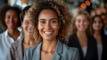 Obraz premium A group of diverse, smiling young professionals standing in a row at a corporate event, showcasing the team spirit and camaraderie in a modern workplace