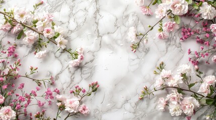 copy space, on the broader detailed summer flowers on Marble background