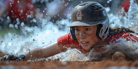 Dynamic action shot of a young female softball player sliding aggressively into home base during an intense game, with a look of determination on her face and dirt flying everywhere