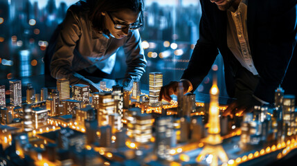 Two people are looking at a model of a city. The city is lit up at night, and the people are focused on the details of the model. Scene is one of curiosity and exploration