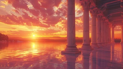 Fototapeta premium Ancient temple with marble columns, sunset backdrop, panoramic view, vibrant orange and pink sky, ethereal glow, majestic and serene, architectural grandeur, peaceful dusk