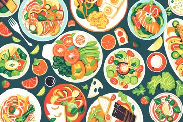 flat illustration featuring a variety of plant-based dishes from around the world, celebrating the rich flavors and culinary traditions of vegan cooking