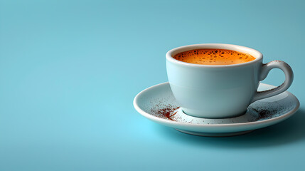 Fototapeta premium Close-Up of a White Coffee Cup with Frothy Espresso on a Blue Background