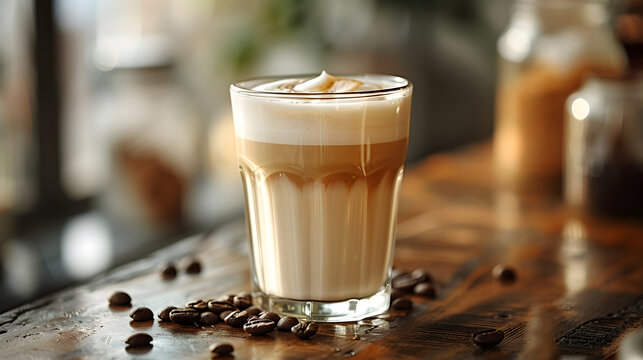 Delicious Latte Macchiato in a Glass on Wooden Table with Coffee Beans in Cozy Caf&Atilde;&copy; Setting