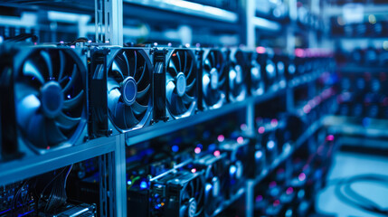 Cryptocurrency Mining Rigs in Data Center. Rows of cryptocurrency mining rigs in a data center, illustrating advanced technology and infrastructure involved in blockchain and digital currency mining.