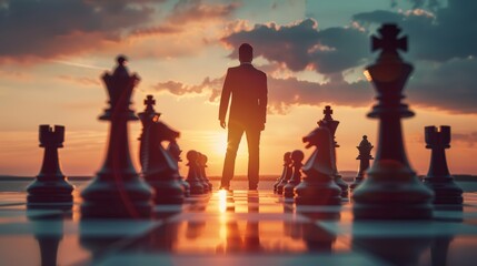 chess battle, victory, success, leader, teamwork, business strategy . business man wear business suit move prepare move king chess pieces, plan strategy lead successful business competition leader.