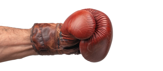 Red boxing glove on men's hand punching, isolated on transparent background