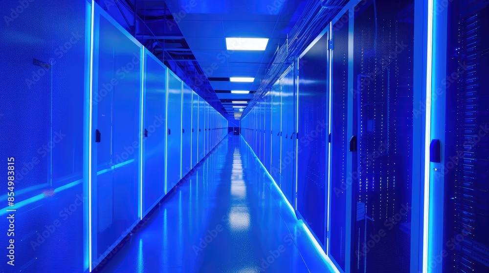 Aufkleber high-tech data center hallway: blue lighting illuminates the path among server racks, emphasizing th